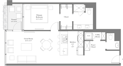 Floor plan for 1 bed, 1.5 baths, 872 sqft